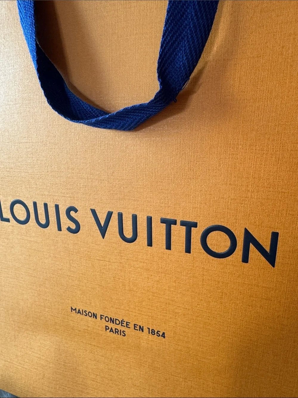 Louis Vuitton Orange paper shopping bag with Blue Ribbon Handles